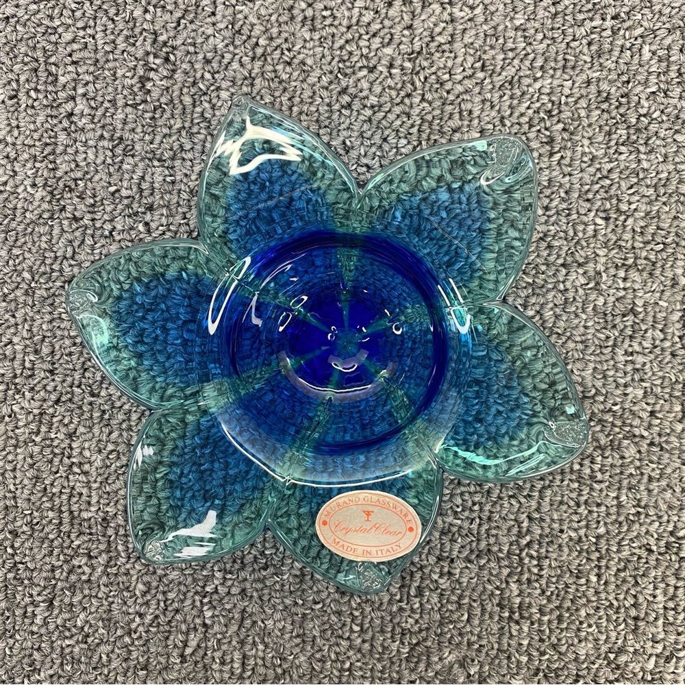Crystal Clear Murano Glassware Italia Blue Green Floral Votive Holder Candy Dish